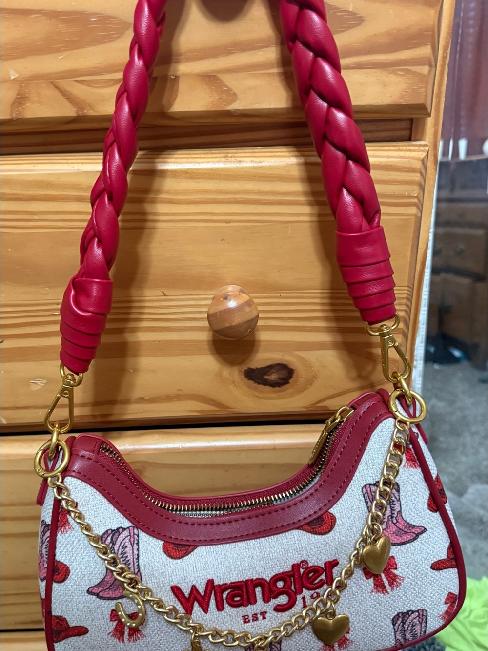 Wrangler Red and Cream Mini Shoulder Bag with Braided Handle
